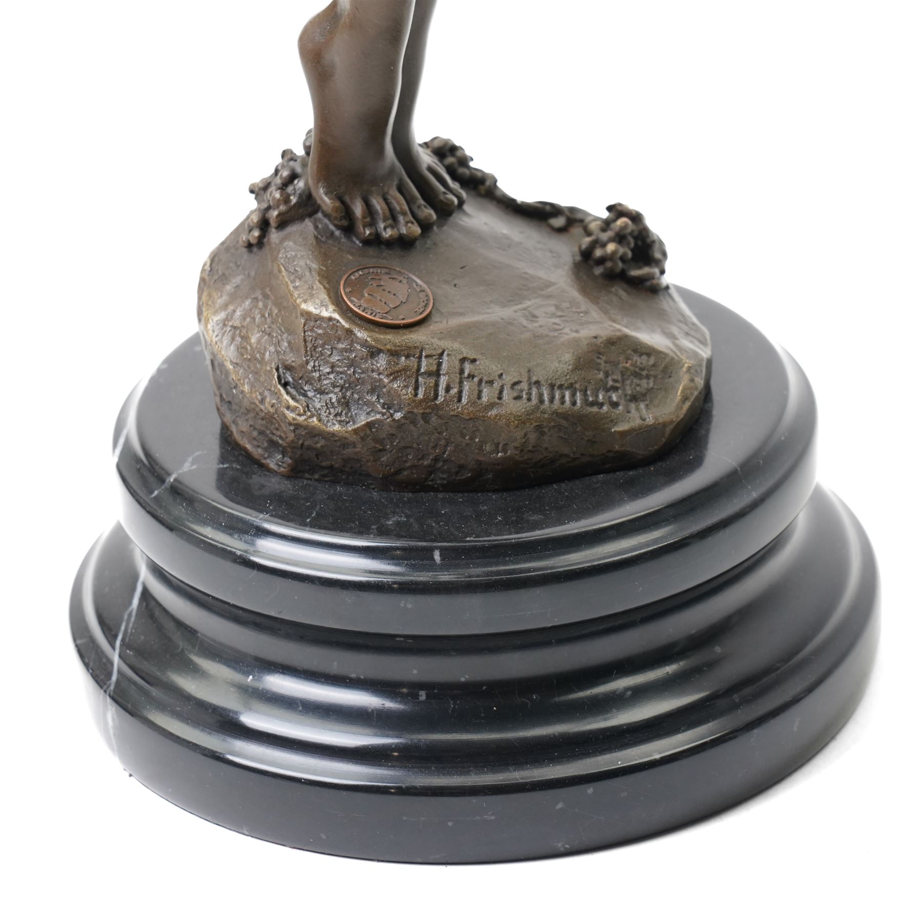 Bronze figure of a nude female holding a vine, after 'H. Frishmuth', with foundry mark on socle base, H38cm