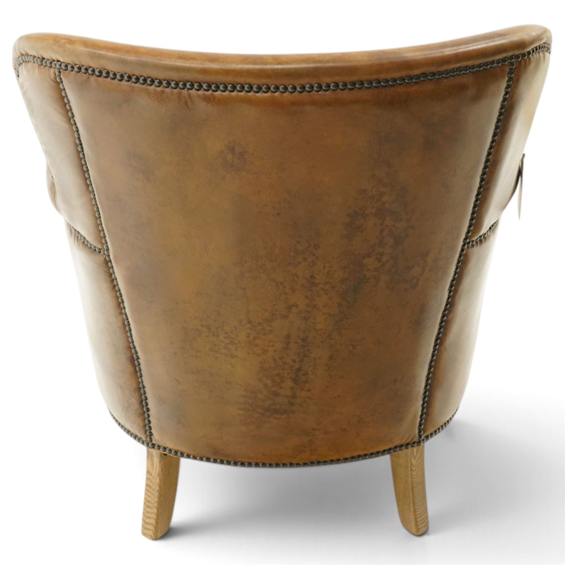 Halo - traditional tub design 'Cosy' club armchair, rolled arms with studwork terminals, upholstered in deep tan leather with loose seat cushion, on square supports