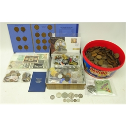  Collection of Great British and World coins including Queen Victoria 1887 shilling, 1936 half crown, small quantity of pre 1947 British silver coins, quantity of Queen Victoria and later British pennies and half pennies, commemorative coin cover, Irish pennies, Francs, small number of World banknotes, Great Britain Whitman folder pennies 1930 to 1966 (incomplete), other coinage and a small collection of military buttons and badges etc   