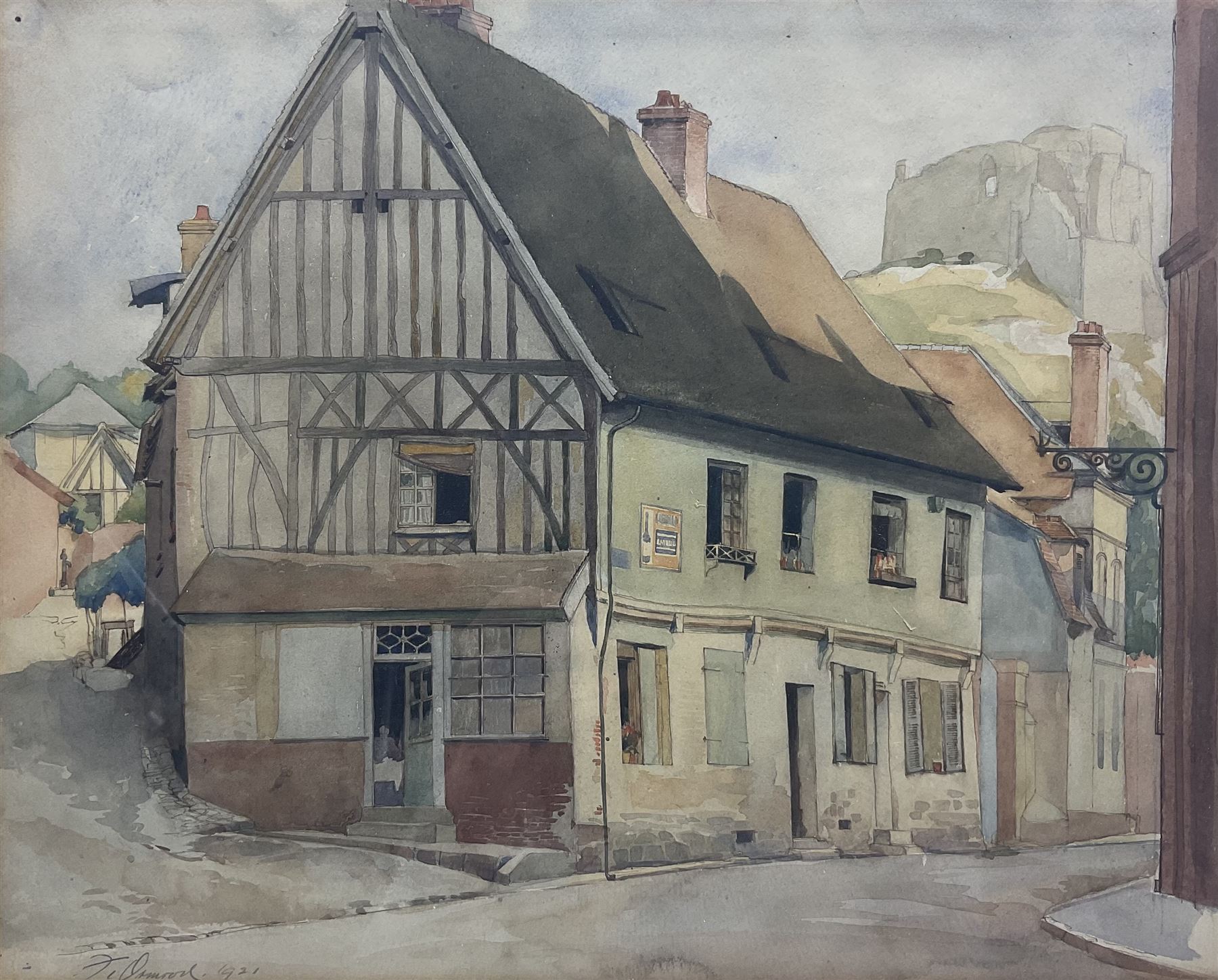 Frank Ormrod (British 1896-1988): Castle Ruins overlooking a Street, watercolour signed and dated 1921, 29cm x 36cm 