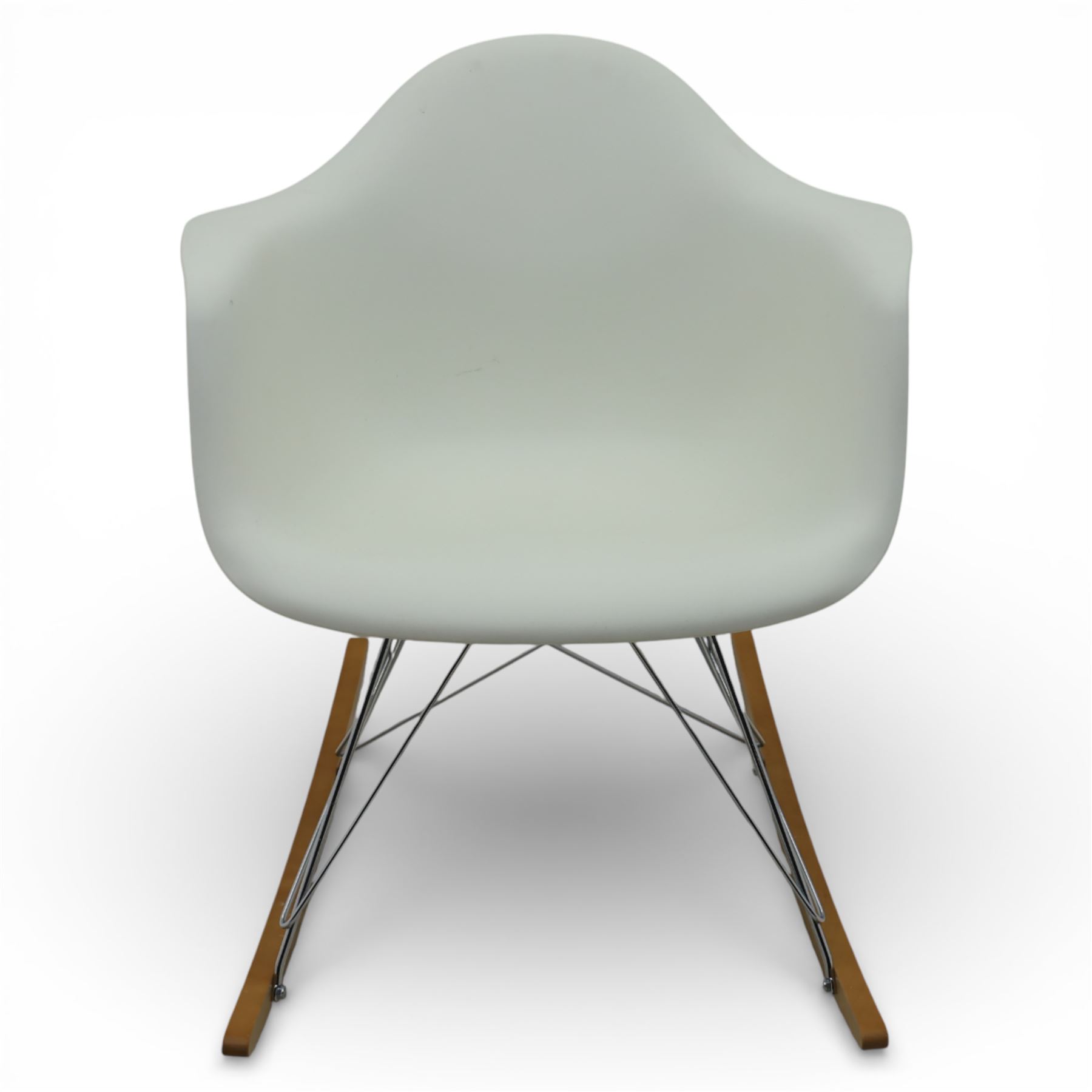 Vitra - RAR rocking chair, moulded plastic shell in cotton white with integrated arms, raised on chrome wire supports with stained wooden rocking runners