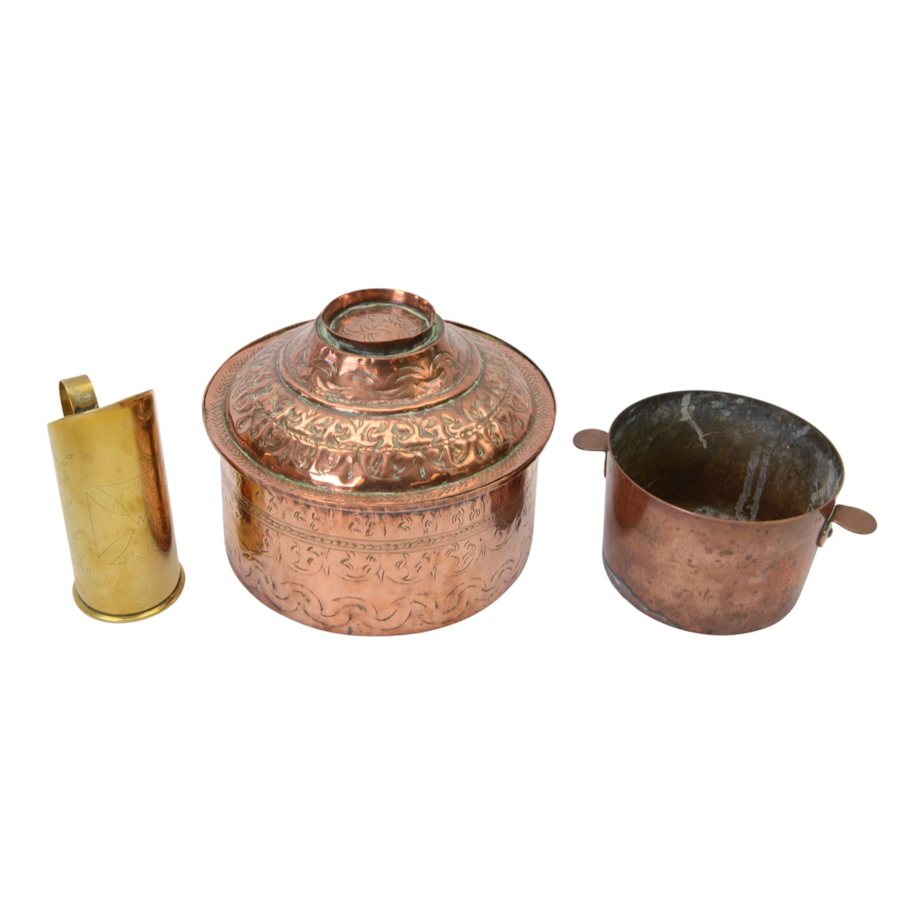 Copper kettle, together with other copper items and brassware 