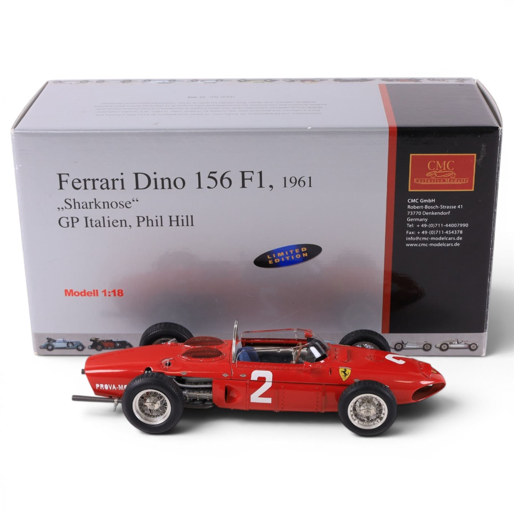 Limited edition CMC 1:18 scale diecast model car no.M068 Ferrari Dino 156 F1 'Sharknose' 1961 racing no. 2 in red, Italian GP Phil Hill, boxed