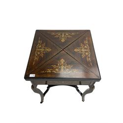 Edwardian inlaid rosewood envelope top card table, the folding top opening to reveal baize interior and counter wells, fitted with single drawer, on cabriole supports joined by undertier, brass and ceramic castors