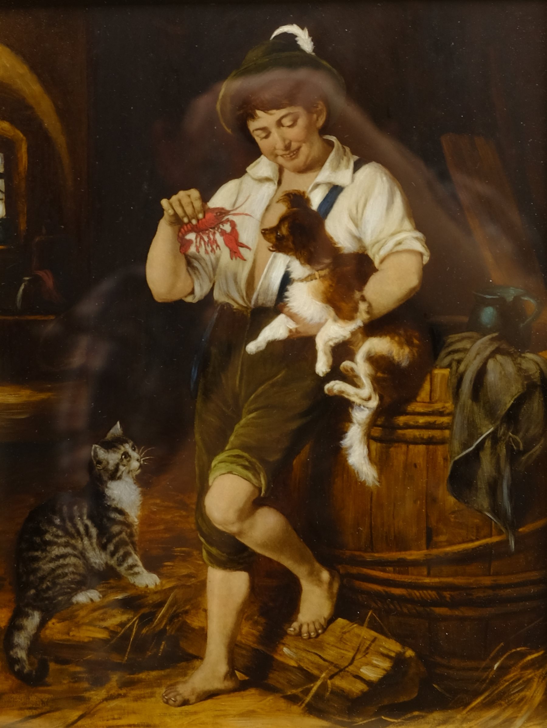  English School (19th century): Young Boy with Dog and Lobster, oil on glass indistinctly signed under the mount  