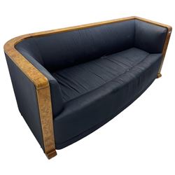 Thormer Polstermobel - Art Deco design three seat sofa, of curved tapering form, upholstered in midnight blue fabric, framed in figured burr elm