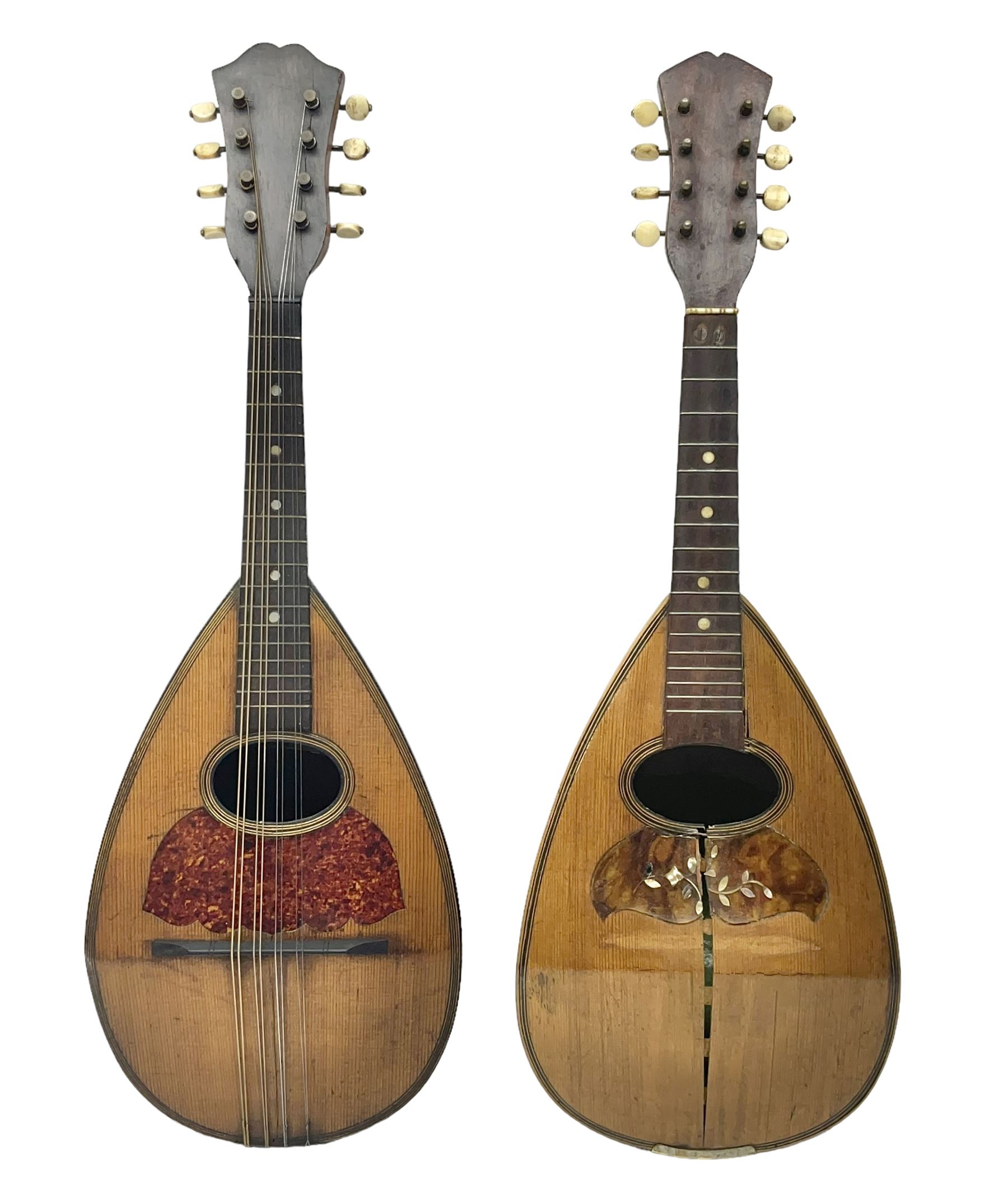 Late 19th century Italian lute back mandolin with segmented bowl back, bears label Gennaro Maglioni Napoli L61cm; in ebonised wooden case; together with another similar damaged Italian lute back mandolin for restoration or spares (2)