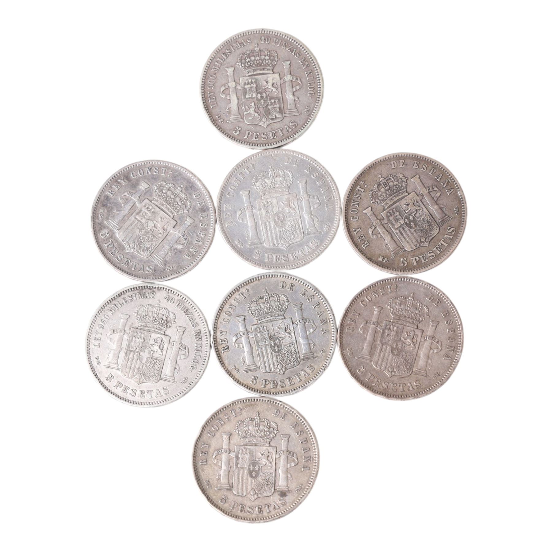 Eight Spain silver five pesetas coins, comprising Amadeo I 1871, Alfonso XII 1875, 1877, and 1885 (2), Alfonso XIII 1889, 1890, and 1894 (8)