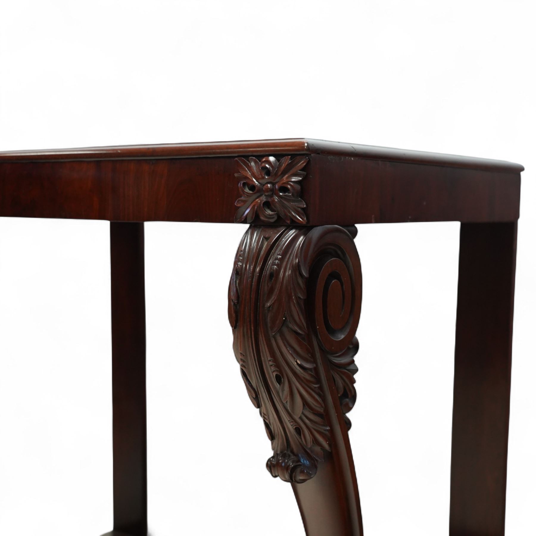 Regency style late 19th century mahogany and Italian specimen marble top console table, rectangular top inlaid with a chequered arrangement of various coloured marbles within a mahogany border, above a plain frieze raised on bold acanthus carved scroll supports over a concave plinth base