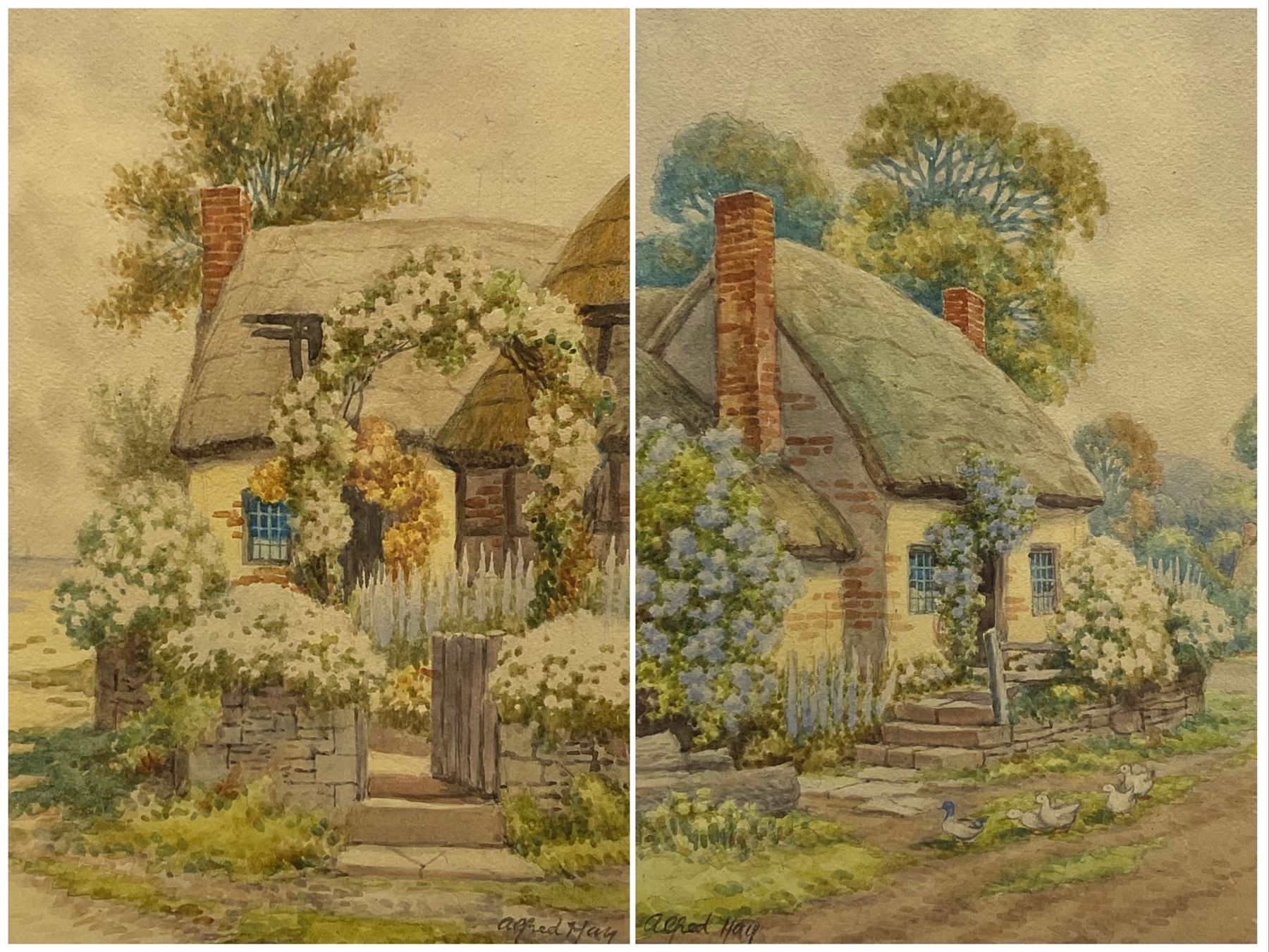 Alfred Hay (British 19th/20th century): Cottages in Somerset, pair watercolours signed, labelled verso 25cm x 17cm (2)