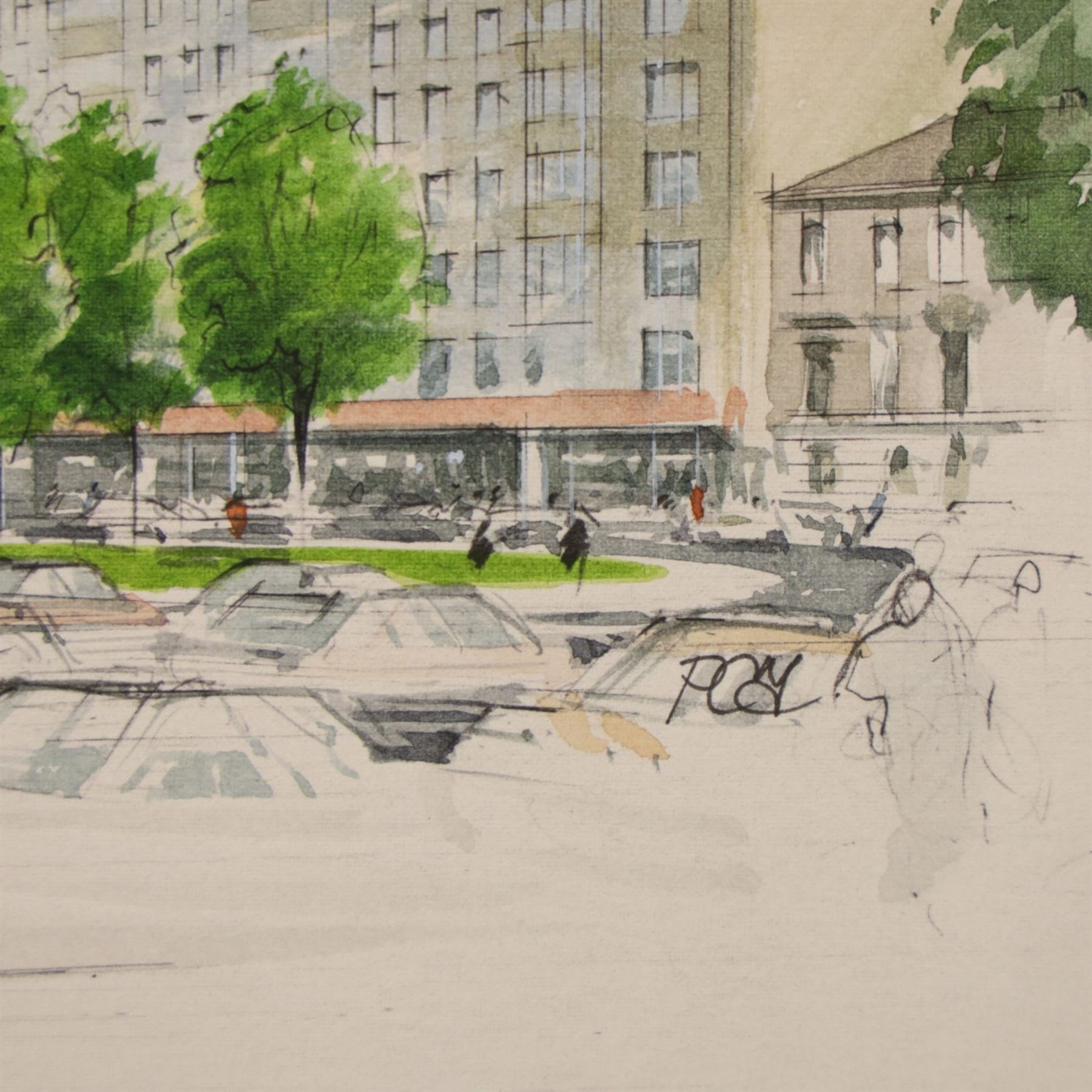 Paul Freeman (British 20th Century): Architectural perspective of Skyscrapers - Moscow, watercolour heightened with white and pen signed 42cm x 42cm (unframed)