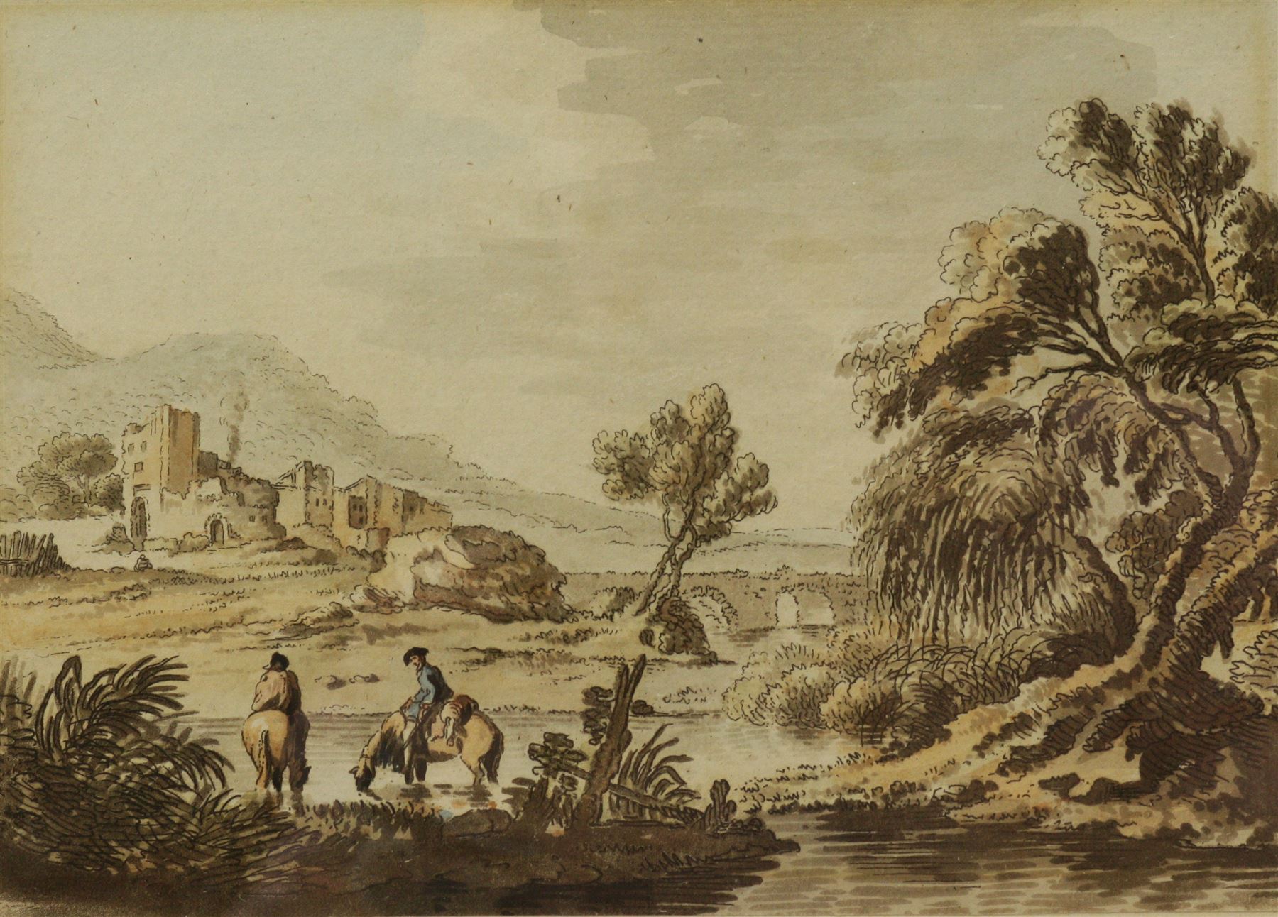 Paul Sandby (British 1725-1809): Horse-Mounted Figures in an Italianate Capriccio Landscape, watercolour unsigned, inscribed on the mount 12cm x 17cm
Provenance: from the Reverend William Gilpin (1742-1804) collection