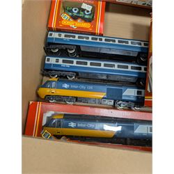 Collection of mostly Hornby '00' gauge model railway, including two Inter-City locomotives and carriages, railway buildings and scenery, track, controllers and other accessories, some boxed and some empty boxes