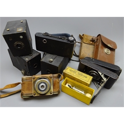  Sirio Firenze 35mm camera with Semitelar F=50mm lens and leather case, three folding cameras by Kodak, Penguin etc, three box cameras and a boxed Westminster Crystal Detector (8)  
