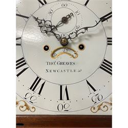 Thomas Greaves of Newcastle - late 18th century 8-day mahogany longcase clock c1790, with a flat topped hood and break arch hood door flanked by pilasters with Corinthian capitals, trunk with canted corners and ogee spire topped trunk door, rectangular plinth on a decorative stepped base,  early painted dial with raised gesso spandrels and a painted oval landscape to the arch, with matching steel hands, Roman numerals, five minute Arabic's and minute markers, subsidiary seconds dial and calendar aperture,  dial pinned via a cast falseplate to a rack striking movement with a recoil anchor escapement, striking the hours on a bell. With pendulum and weights.