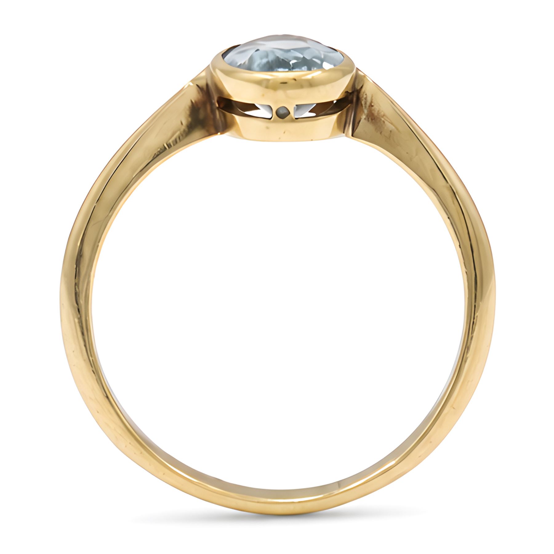 Early 20th century 18ct gold aquamarine ring, set with a single bezel set, oval cut aquamarine of approx 1.05 carat