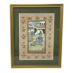 Mughal School (20th century): Subjects Bowing to Emperor, painting on fabric with flower border 32cm x 23cm