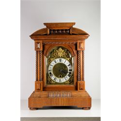 Late 19th century 8-day mahogany cased mantle clock chiming the hours and quarters on 8 gong rods, with a 20th century three train Hermle movement and floating balance escapement, Westminster, Whittington and silent chime select, break arch brass dial with cast spandrels and a 4