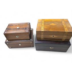 Pair of Graduating 19th century rosewood boxes inlaid with mother of pearl, 19th century walnut box and one other