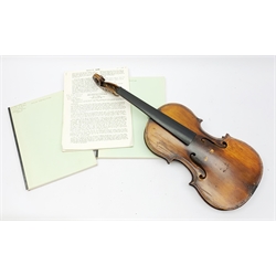  Late 19th century German violin for completion with 36cm one-piece maple back and ribs and spruce top, bears label Copie De Albani Palermo 1633, 59cm overall together with three books on violin construction, restoration and varnishing  