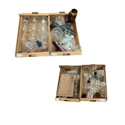 Set of eight champagne glasses with twisted stems, together with glass decanter and other collectables in four boxes  
