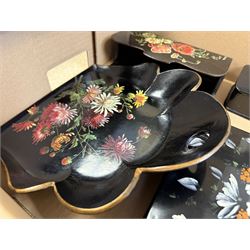 Papier mache boxes, including glove box, jewellery box and two square boxes and a crumb tray