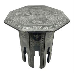 Anglo-Indian octagonal occasional table, with silvered inlay and a central panel depicting a temple scene, H36cm 