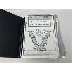 Lincolnshire Regiment - folder of paper ephemera and quantity of reference books relating to the Royal Lincolnshire Regiment; Wyrall Everard: The East Yorkshire Regiment; Miles Capt. Wilfrid: The Durham Forces in the Field 1914-18; and The History of the First London (City of London) Sanitary Company RAMC(T)