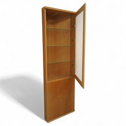 Skovby - light oak veneered display corner cabinet - SM769, with glass panelled door, three glass shelves, electric light, cupboard door with internal shelf 