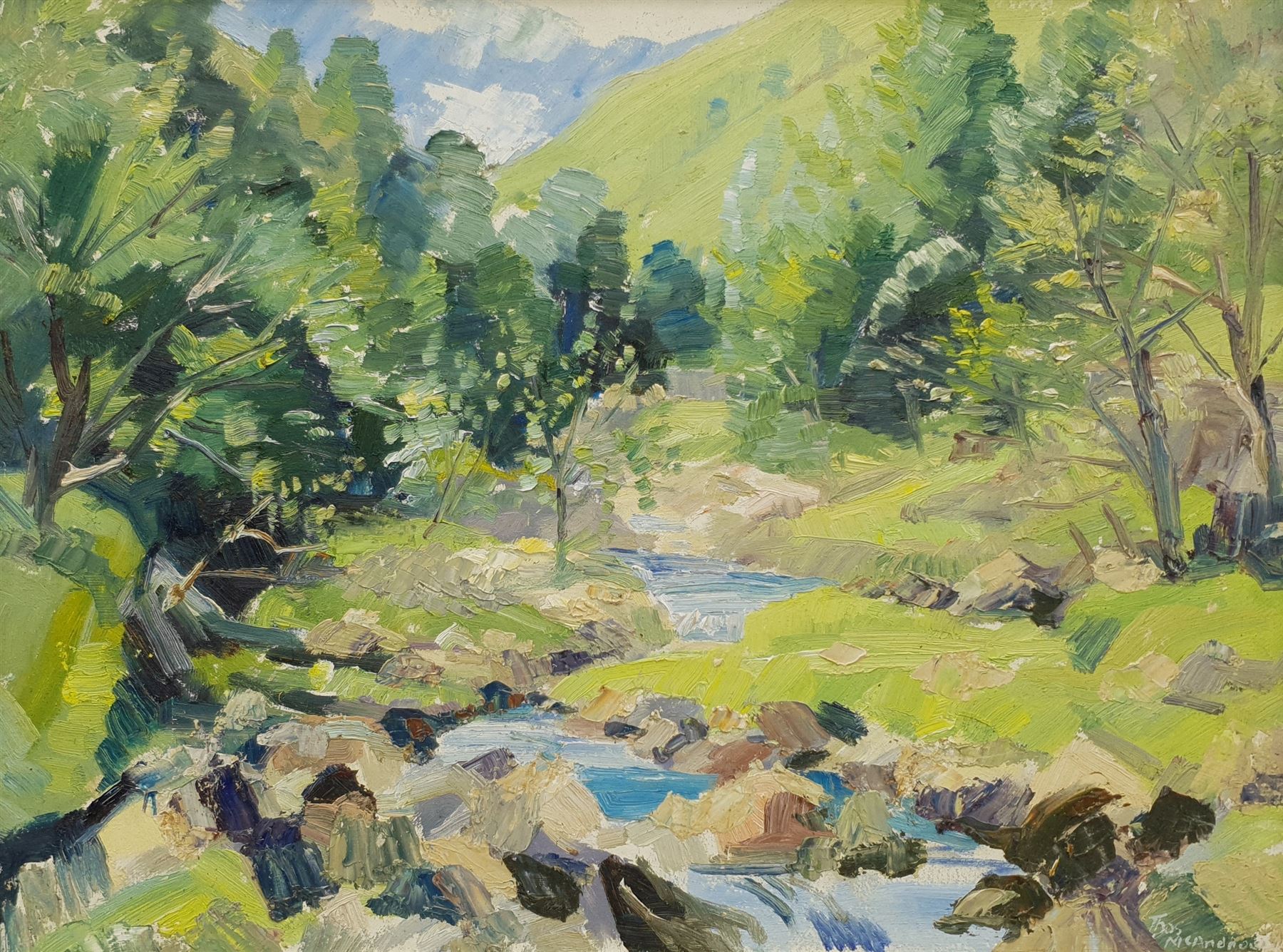 Thomas McAndrew (Northern British 1916-2002): River Landscape, oil on board signed, artist's address label verso 29cm x 39cm 
Notes: Tom McAndrew was founder of the Hartlepool Art Group