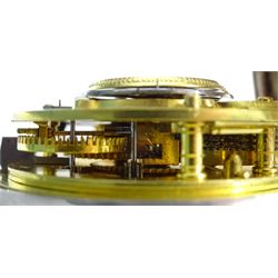 Victorian silver pair cased verge fusee pocket watch by J W Adcock, East Dereham, No. 98132, round pillars,  pierced and engraved balance cock decorated with a mask, enamel polychrome dial depicting a ploughing scene, Roman and Arabic numerals, case by Henry William Griffin, London 1864