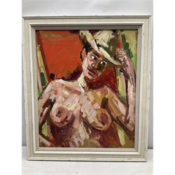 Peter Collins ARCA (British 1923-2001): Nude Woman Wearing Cowboy Hat, 1970s oil on board unsigned 59cm x 49cm 
Provenance: Studio sale: The late Georgina and Peter Collins Collection. ‘The Contents of Stanley Studios, Chelsea’; Sulis Fine Art.
