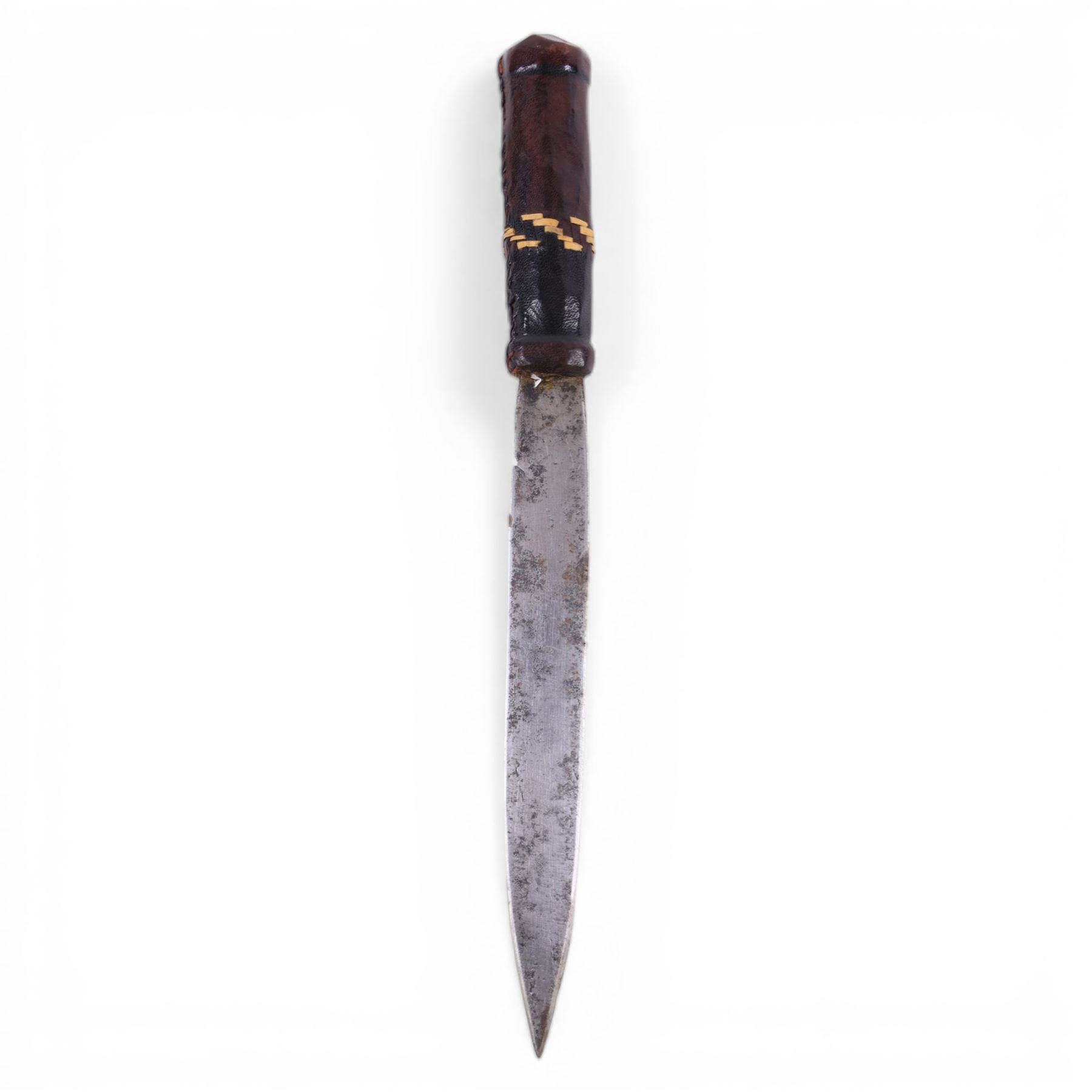 African dagger, with leather handle and scabbard, overall L32cm