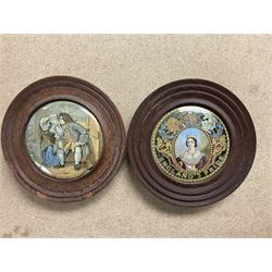 Two framed Victorian Pratt ware pot lids, the first example depicting Queen Victorian titled 'England's Pride', the second titled 'Uncle Topy'