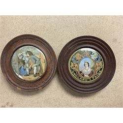  Two framed Victorian Pratt ware pot lids, the first example depicting Queen Victorian titled 'England's Pride', the second titled 'Uncle Topy'