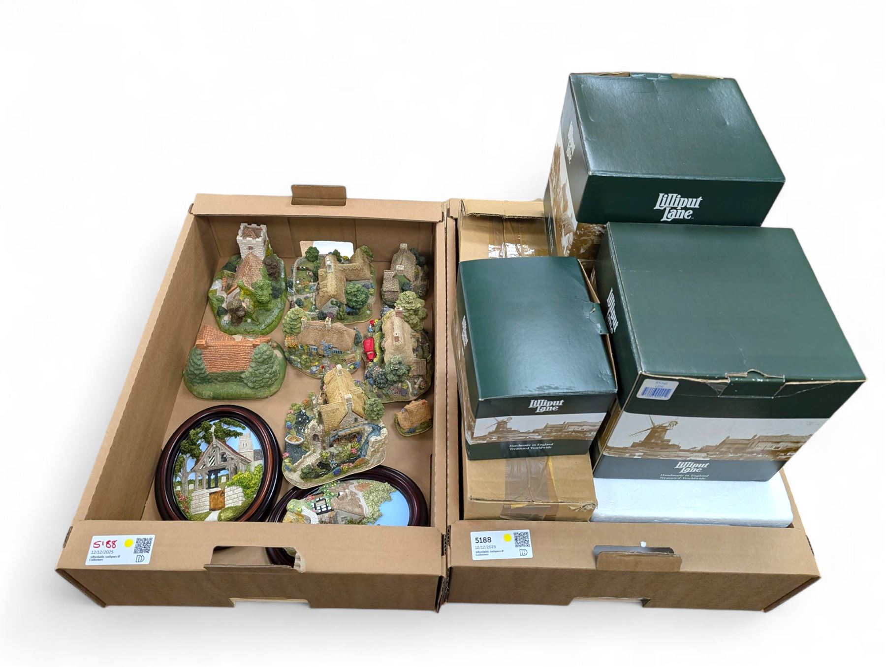 Six Lilliput Lane models, including The Old Mill at Dunster and Pen Pals, together with two Memory Lane models and two Lakeland Studios plaques, most with boxes