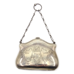  Early 20th century silver purse, leather divided interior, Birmingham 1917, W10cm  