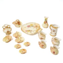 Large collection of miniature Royal Worcester hand-painted blush ivory wares, including va...