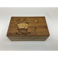 Japanese parquetry puzzle box L12cm; another Japanese puzzle box with marquetry top of Mount Fuji; eleven graduated Chinese figures including immortals; and Chinese figure of a lady standing on a hardwood base next to a horn table (14)