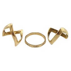 Two gold wishbone rings and a gold wedding band, all 9ct
