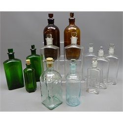  Selection of green, amber and clear glass apothecary type bottles, H22cm (13)   