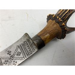 Indian dagger, the 22cm steel blade with punched decoration and antler handle, in metal bound pierced hardwood scabbard with belt clip L41.5cm overall
