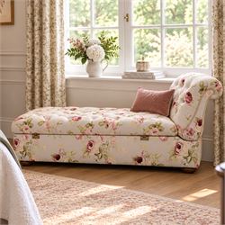 Traditional design scroll end chaise longue Ottoman, floral upholstered buttoned seat hing...