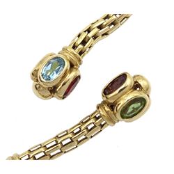 Pair of 9ct gold garnet, peridot and topaz pendant stud earrings, hallmarked 