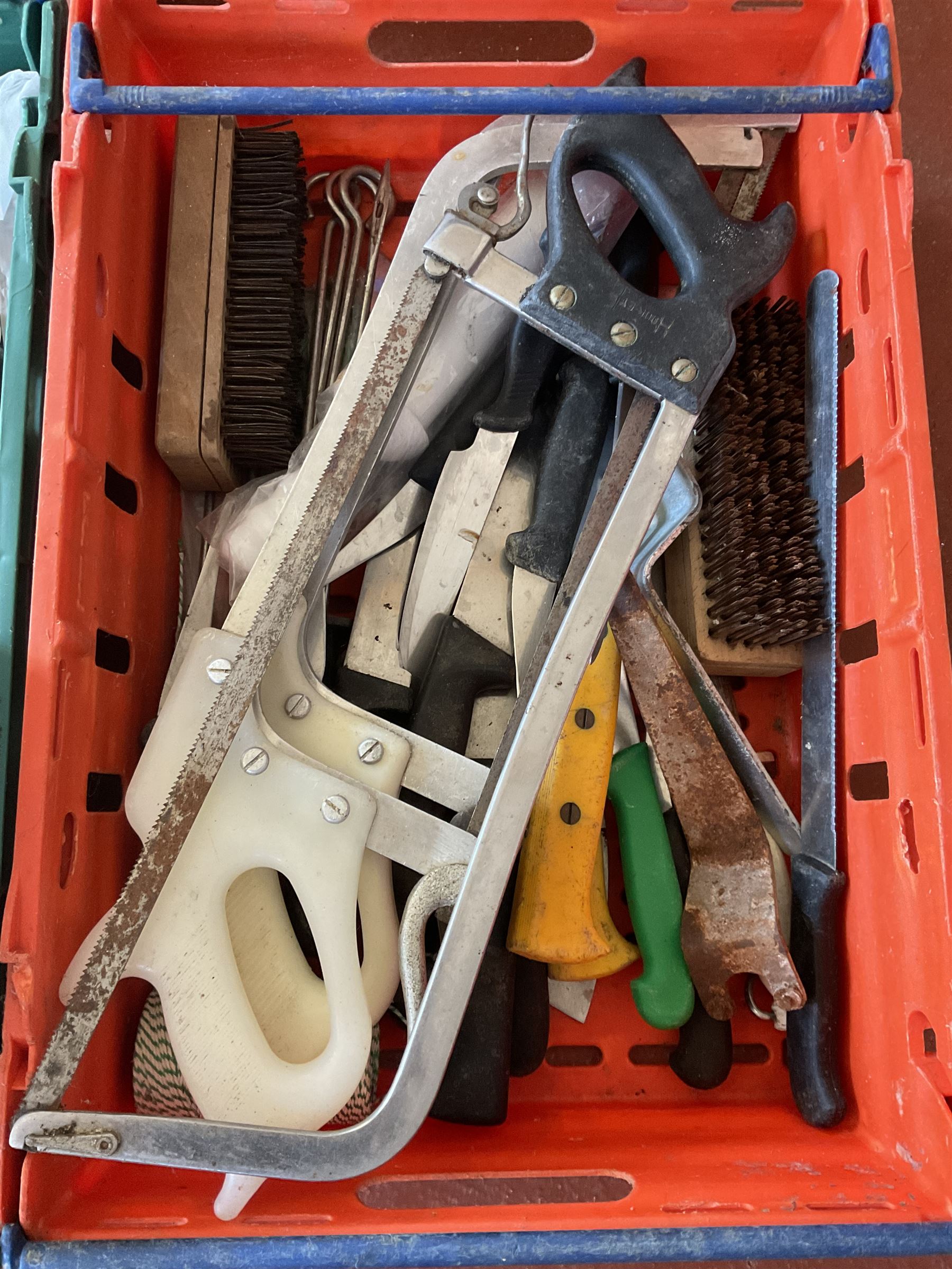 Meat saws, knives and other cooking utensils in two trays - THIS LOT IS TO BE COLLECTED BY APPOINTMENT FROM DUGGLEBY STORAGE, GREAT HILL, EASTFIELD, SCARBOROUGH, YO11 3TX