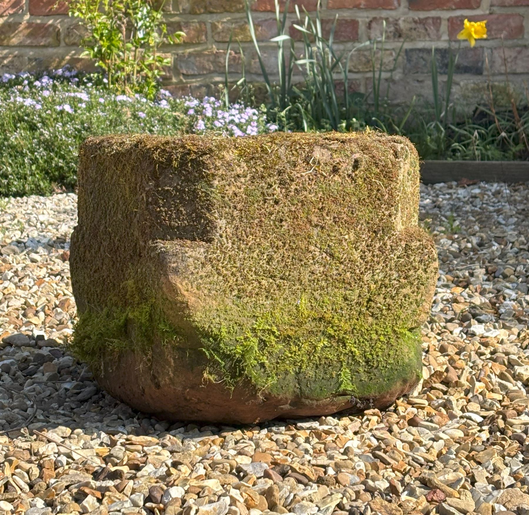 Weathered carved stone garden mortar, 17th / 18th century. H30cm, 35cm x 35cm  - COLLECTION BY APPOINTMENT FROM: The White House, Thirsk Road, Easingwold, York, YO61 3NF - CALL 01723 507111 TO ARRANGE
