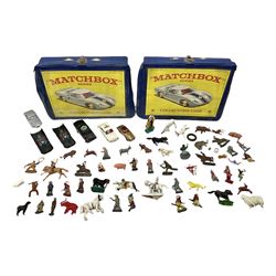 Unboxed and playworn die-cast models of TV/Film interest by Corgi including Green Hornets Black Beauty, two Batmobiles, James Bond Aston Martin DB5, Saints Volvo P1800 etc; two Matchbox 1-75 Series Collector's Cases including various playworn models; and quantity of playworn lead and plastic figures by Britains etc
