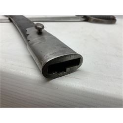 Mid-19th century Custom’s officer/Constabulary sidearm, with plain 60.5cm slightly curving fullered blade double edged at tip,  steel knucklebow and downswept quillon, stepped pommel and ribbed fishskin grip; in leather covered scabbard with steel locket, frog stud and chape L76cm overall