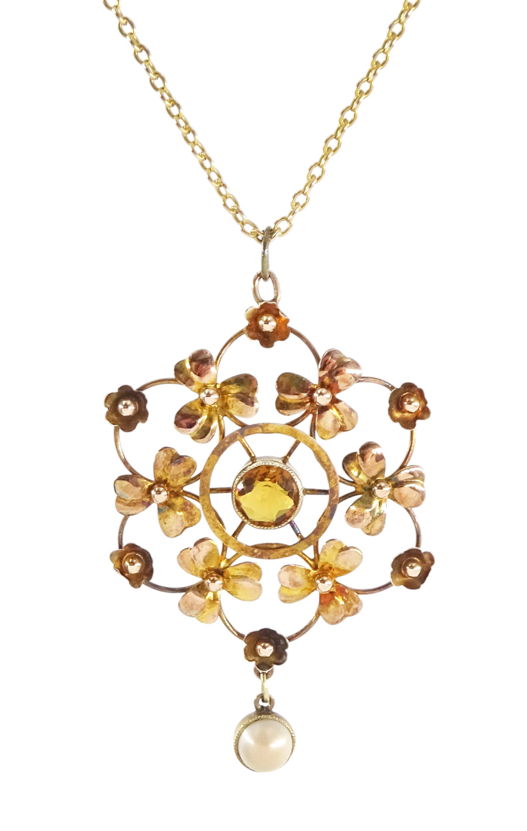 Early 20th century 9ct gold citrine and pearl three leaf clover pendant, on 15ct gold trace link chain necklace