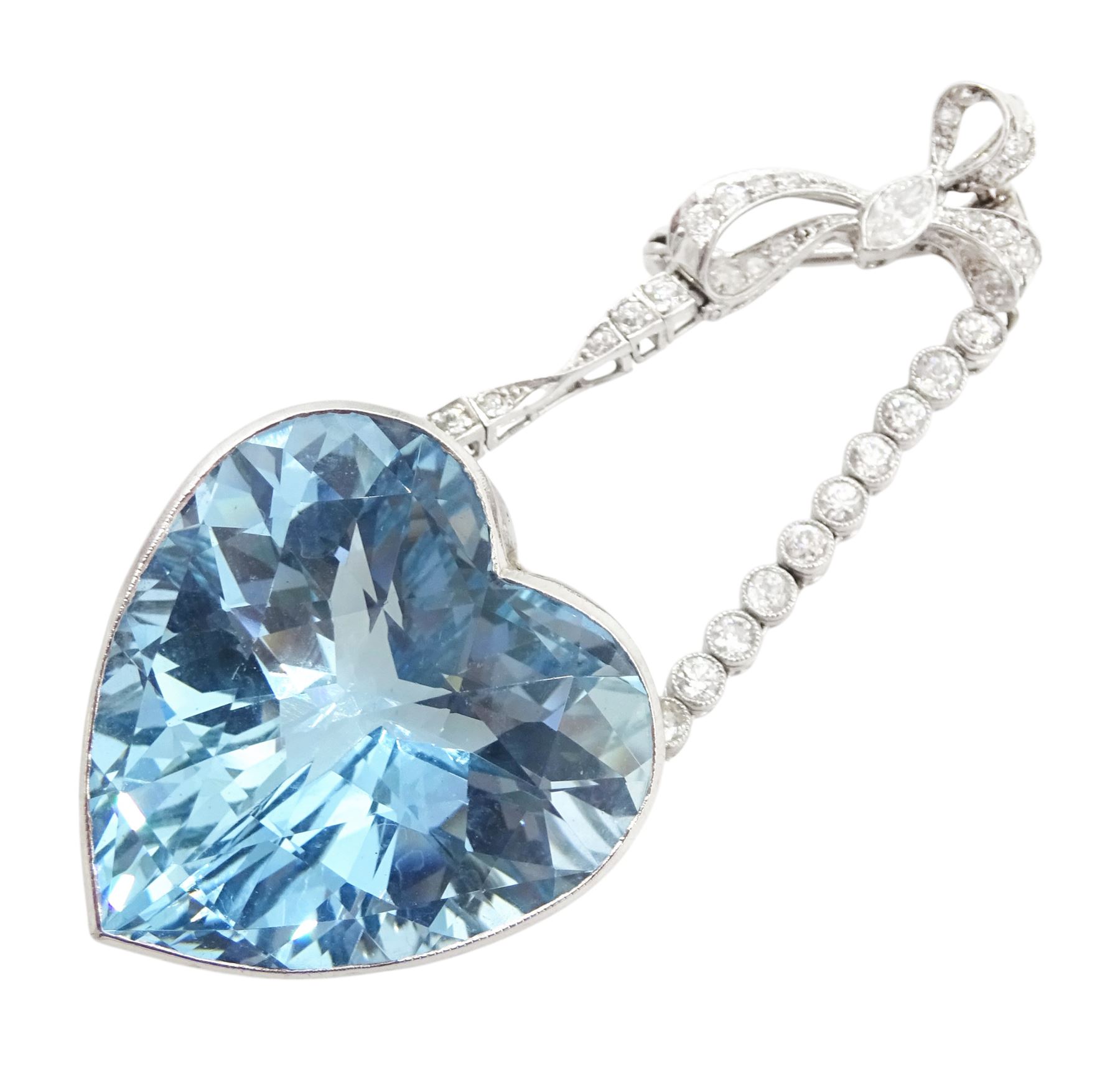 Platinum aquamarine and diamond pendant / brooch, the large faceted heart cut aquamarine, mounted within an openwork heart design gallery, suspending from a polished and milgrain set old cut diamond pendant, with bow design brooch top, set with further old cut diamonds and a single marquise cut diamond, in fitted velvet and silk lined box by Bloom & Sons, London, aquamarine approx 55.00 carat, total diamond weight approx 0.60 carat
